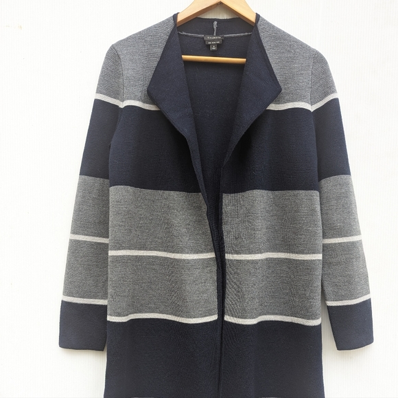 TALBOTS pure merino wool navy gray colorblock open front long cardigan coatigan - Picture 6 of 8